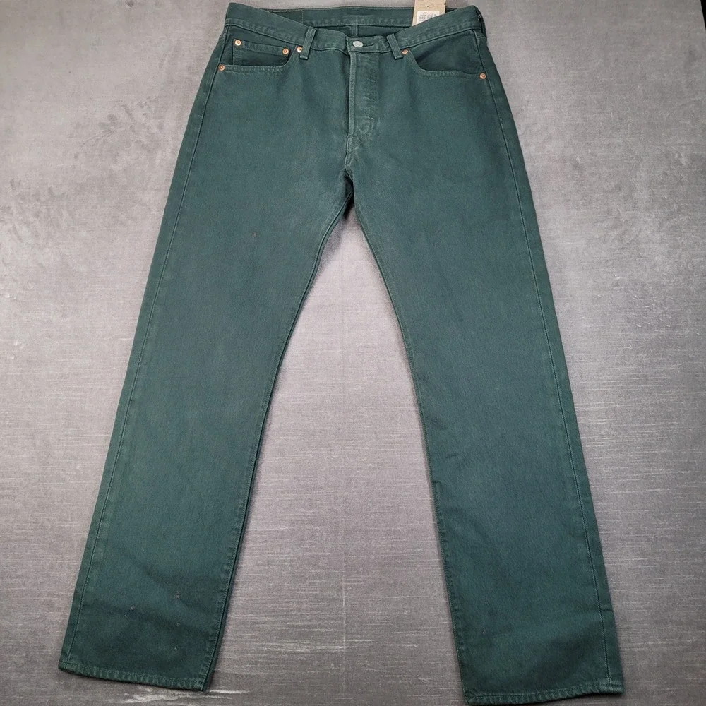 Levis 501 Original Fit Jeans Mens 32x30 Dark Spruce Green‎ Denim New Flaw